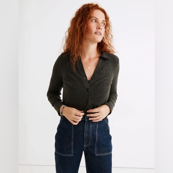 Madewell Gray Polo Sweater Cardigan Crop Ribbed Knit Collared Long Sleeves S - Picture 3 of 7